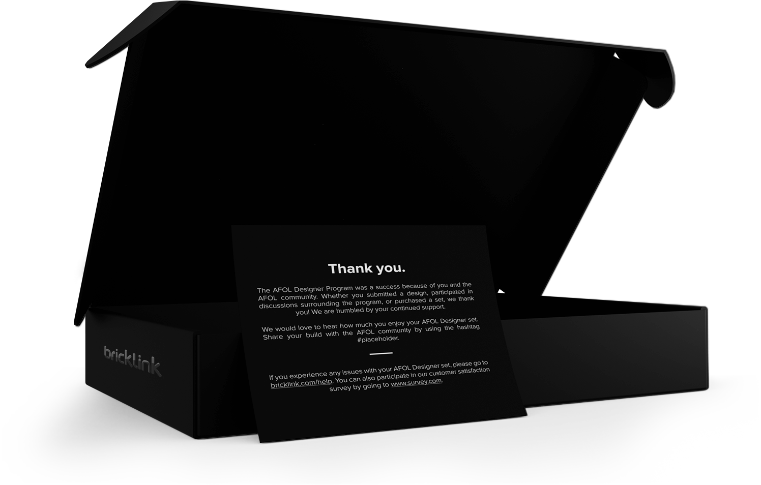 Render of inner box featuring a thankyou message on a card.
