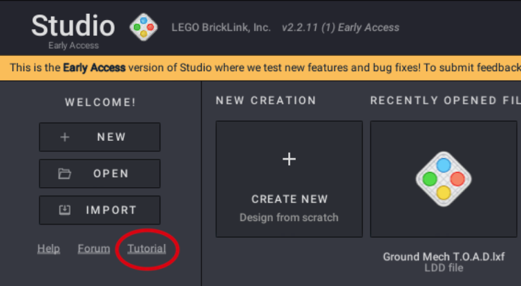 Screenshot highlighting the tutorial link on welcome screen of Studio